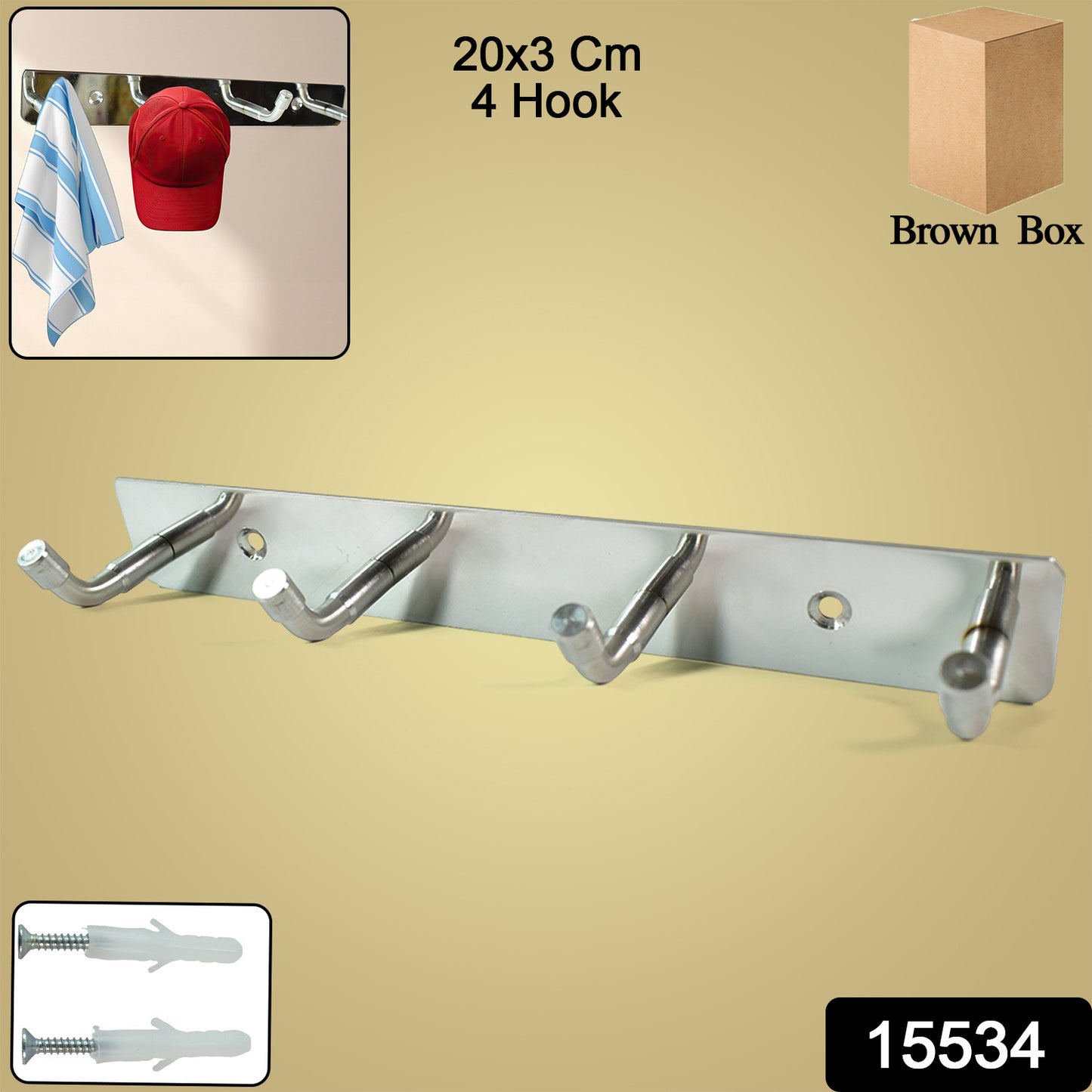 Stainless Steel Wall Mounted Coat 4 Hook Rack (20x3  1 Pc)